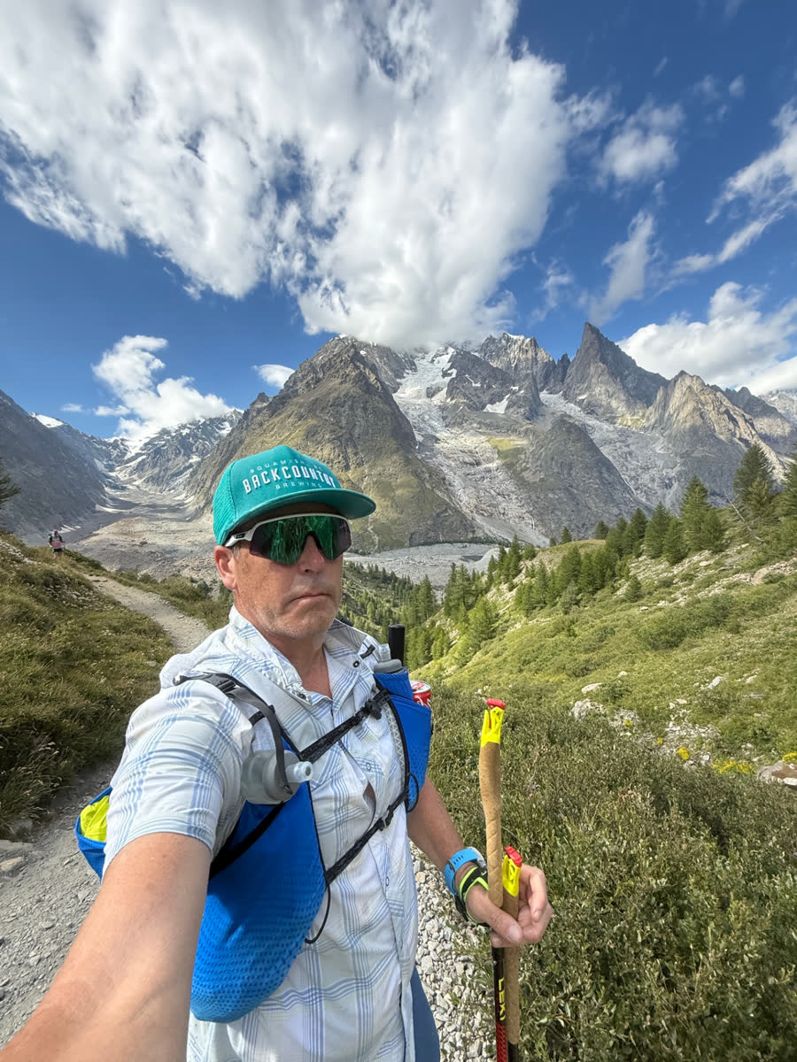 Munny on the Tour du Mont Blanc trail below the glaciers